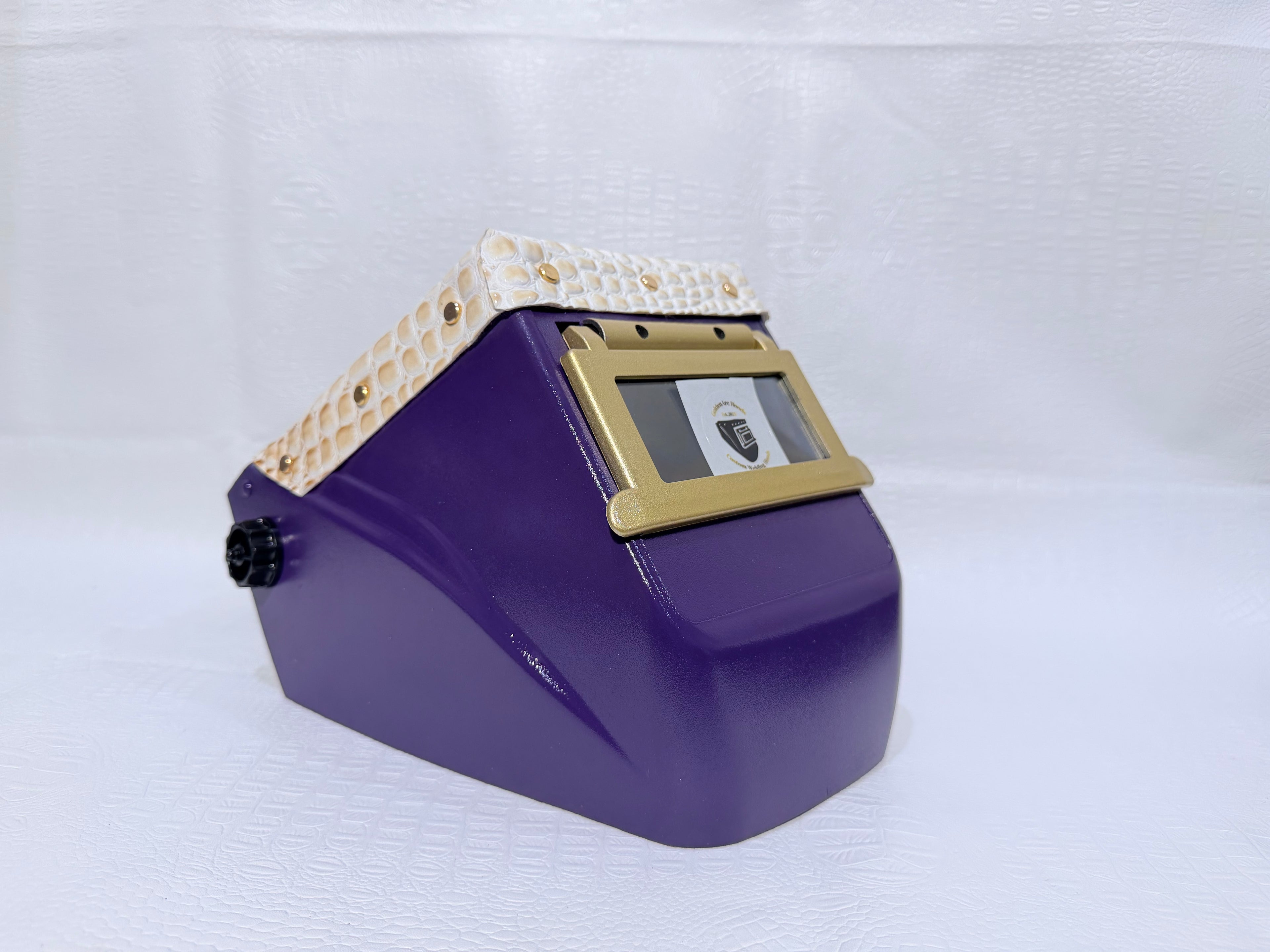 Purple Hood, Gold Flip with Gold & White Gator